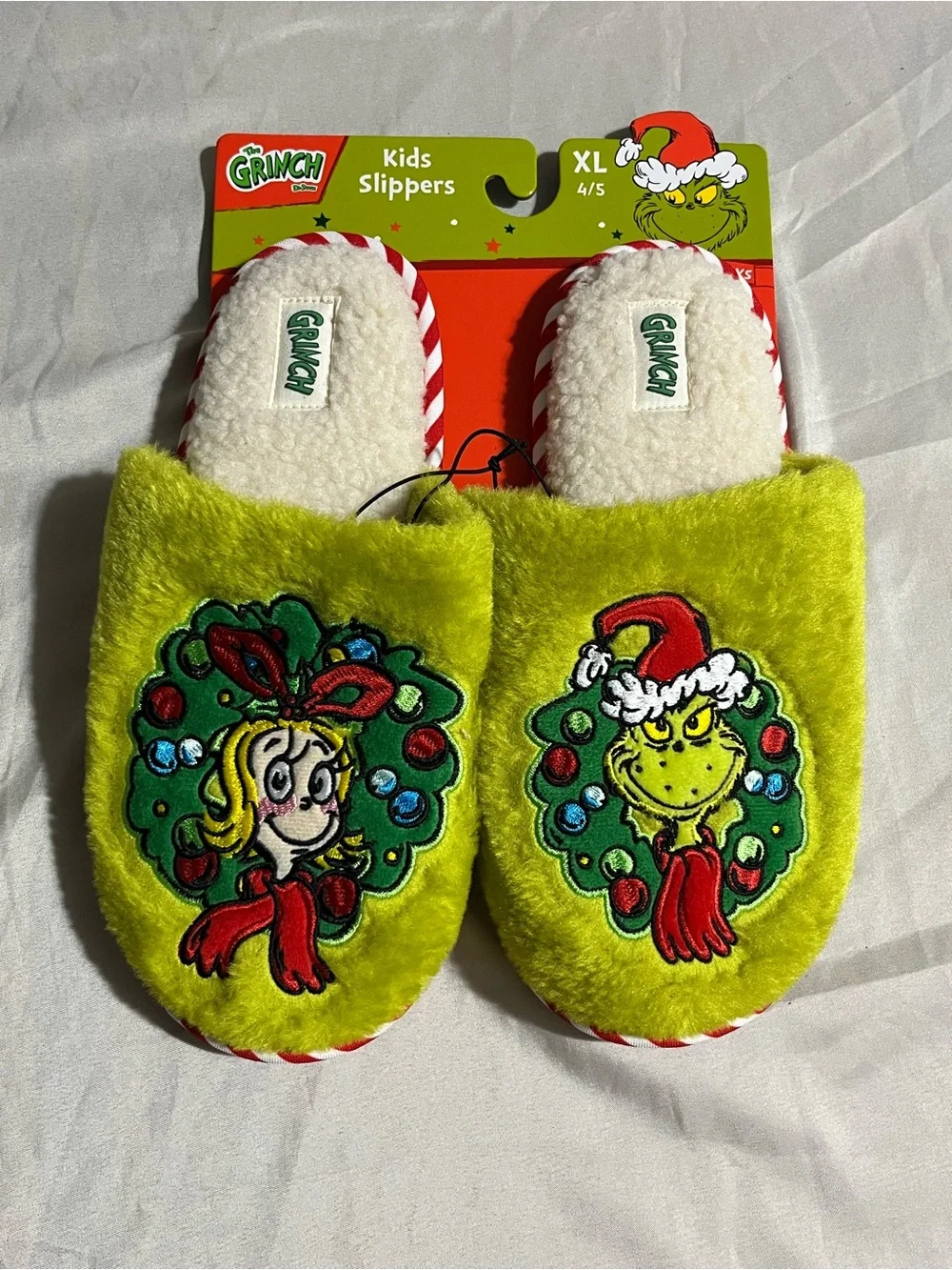 The Grinch Kids' Plush Slippers in Bright Green - XL 4/5 New with Tags